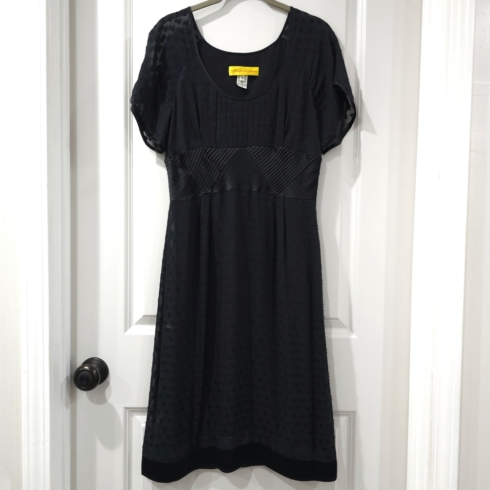 CATHERINE MALANDRINO Black 100% Silk Textured Midi Dress, Baby Doll, Vintage, 10 - Picture 2 of 16